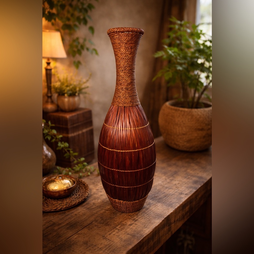 VINTAGE EUC Hand Crafted Artisan Brown Rattan Wicker Woven Tall Floor Vase